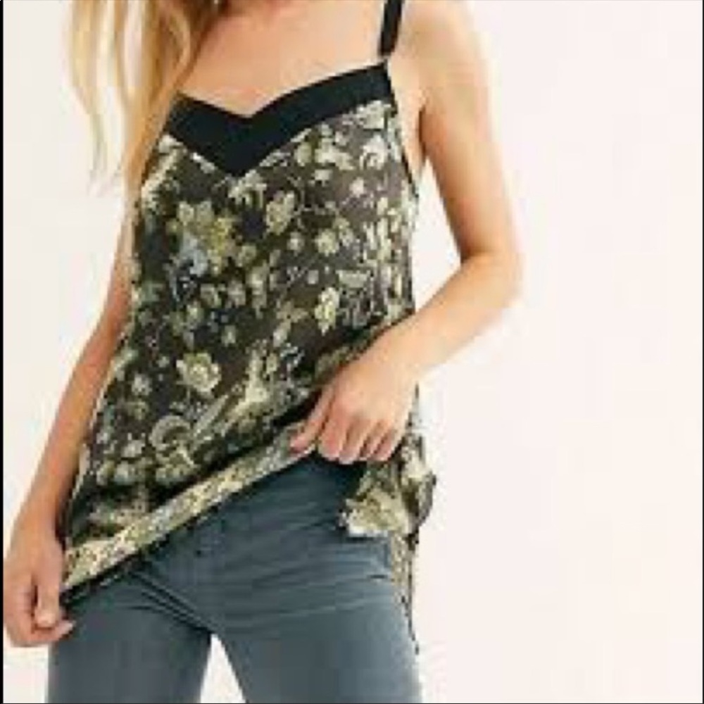 Free People Boho Green Black Ribbon Tie Back Solstice Silky Floral Cami Tank